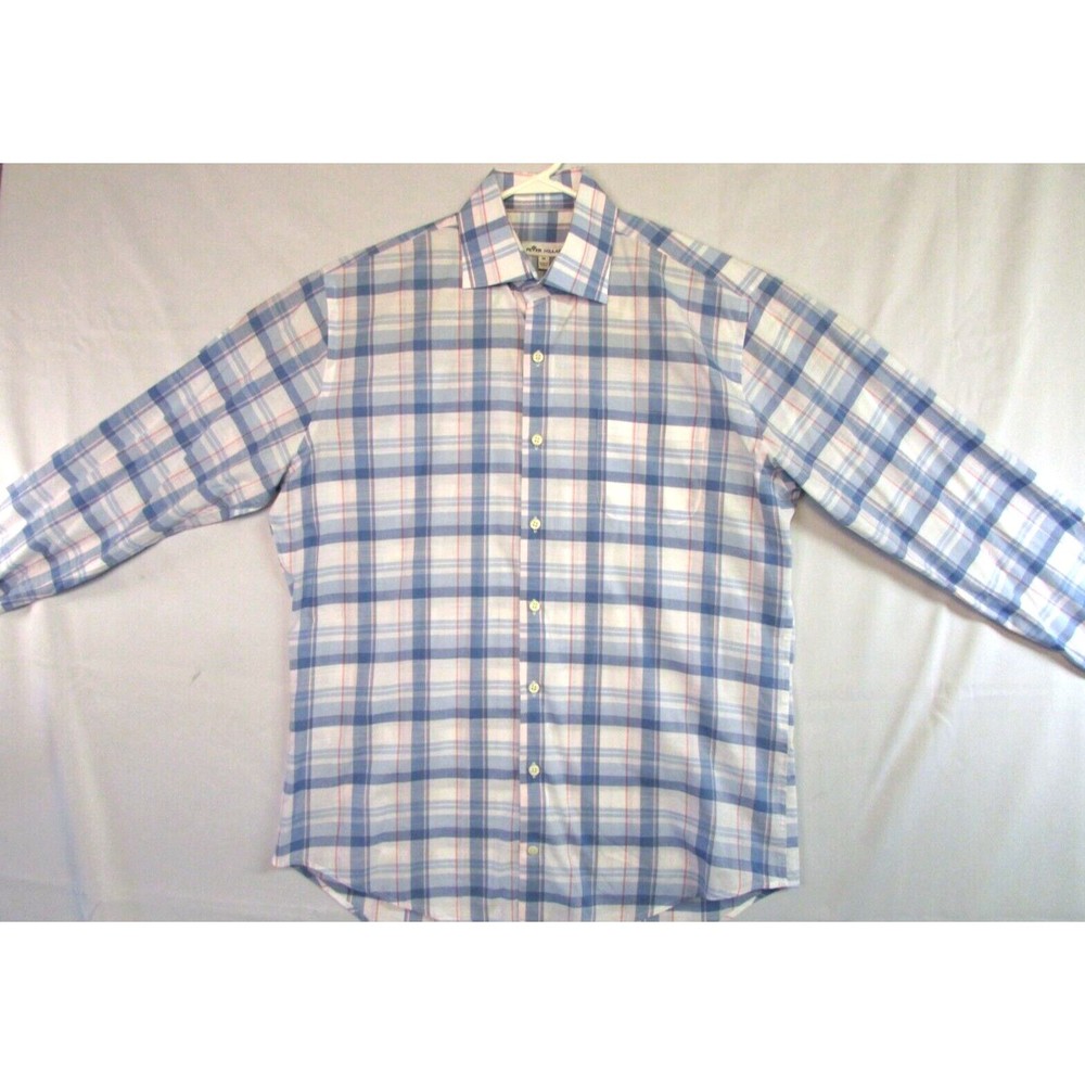 Peter Millar Men's Medium Blue Plaid Button Down Long Sleeve Cotton Spandex